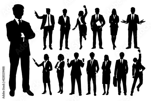 Set of vector silhouette of man and woman or group of business people isolated on white background. Corporate businessman and businesswoman silhouette for social media, cv or resume. Success people.