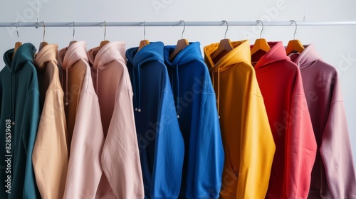 A row of plain colored hoodies hanging on hangers against a white background, showcasing different colors and styles including solid hues like navy blue or rose pink as well as patterns such as '80s r