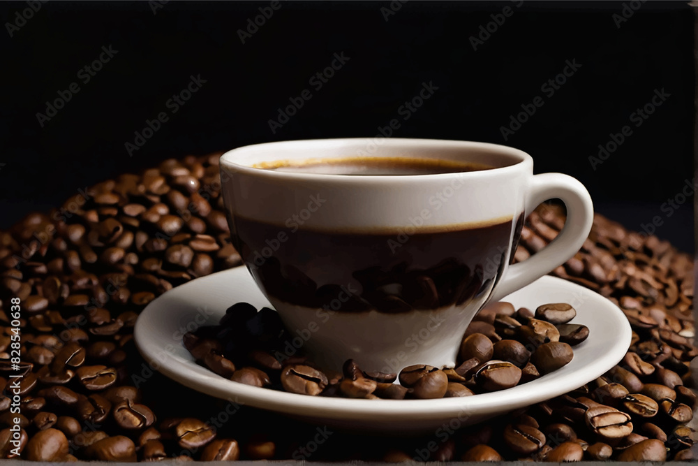 Fototapeta premium Coffee cup and beans on a black background.
