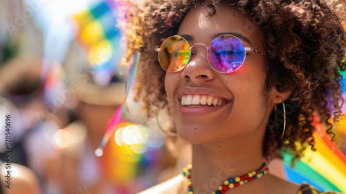 Beautiful woman having fun on a pride parade on a sunny day. LGBTQIA+ concept.