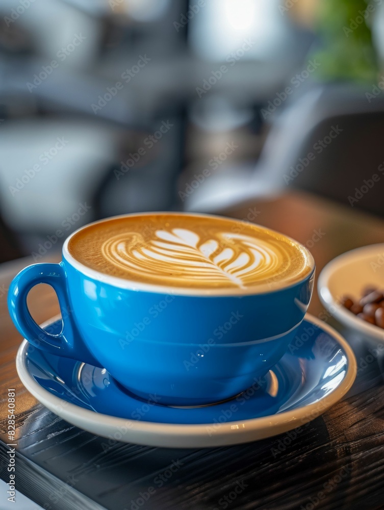 Latte Art in Blue Cup at Cozy Cafe. Generative ai Latte Art in Blue Cup at Cozy Cafe. Generative ai