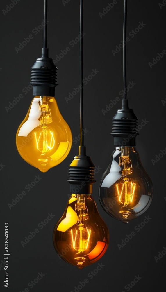 Three Hanging Edison Bulbs on Dark Background. Generative ai Three Hanging Edison Bulbs on Dark Background. Generative ai