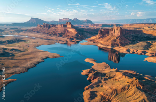 Aerial view of Lakeabiin in Utah, USA with the captivating sandstone formations and water bodies
