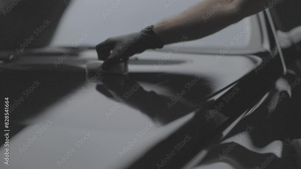 Closeup slow-motion of man hand with black glove cleaning a black luxurious car Closeup slow-motion of man hand with black glove cleaning a black luxurious car