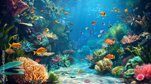 A large aquarium teeming with lots of colorful fish swimming among coral reefs and anemones. Generative AI