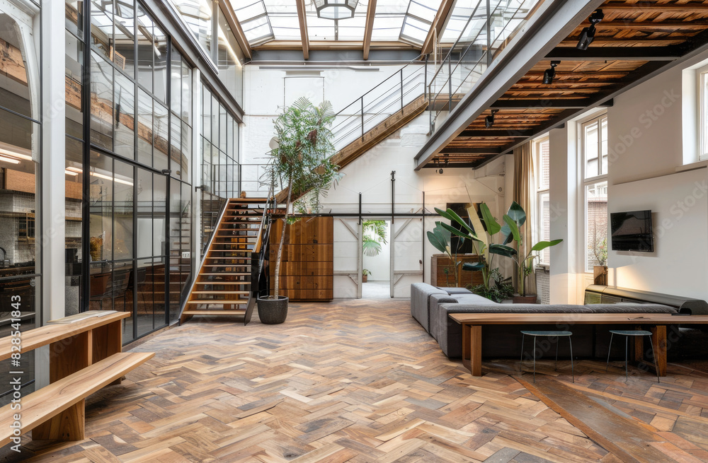 Stylish loft in Amsterdam with wooden staircase, large skylight and ...