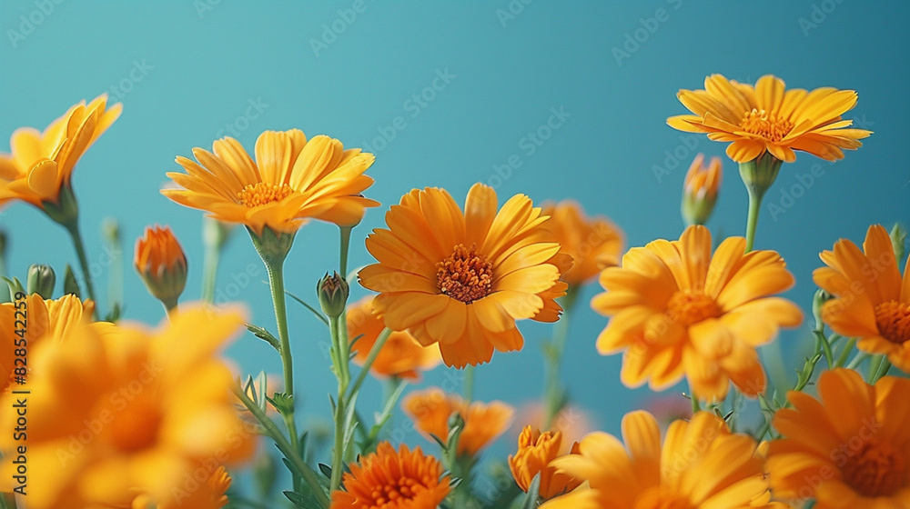 Bright orange and yellow marigolds bloom against a clear blue sky Bright orange and yellow marigolds bloom against a clear blue sky
