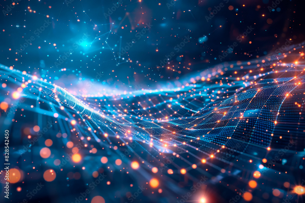 An abstract digital network visual with interconnected nodes and glowing lines, creating a futuristic and technological landscape An abstract digital network visual with interconnected nodes and glowing lines, creating a futuristic and technological landscape
