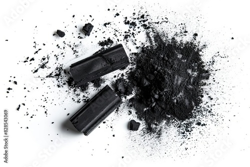 exploding black chalk pieces and powder isolated on white background creative art concept photo