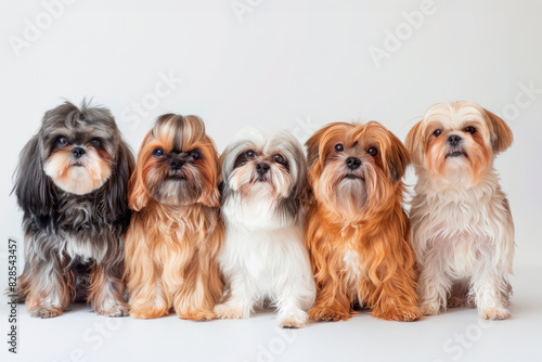 Five Adorable Shih Tzu Dogs Posed Side by Side Against a White Background © TENphoto