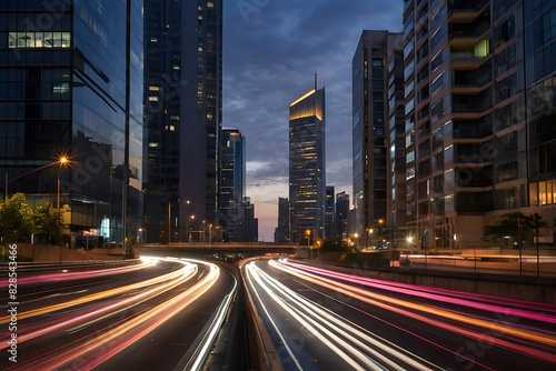 Long exposure shots of traffic in a modern city