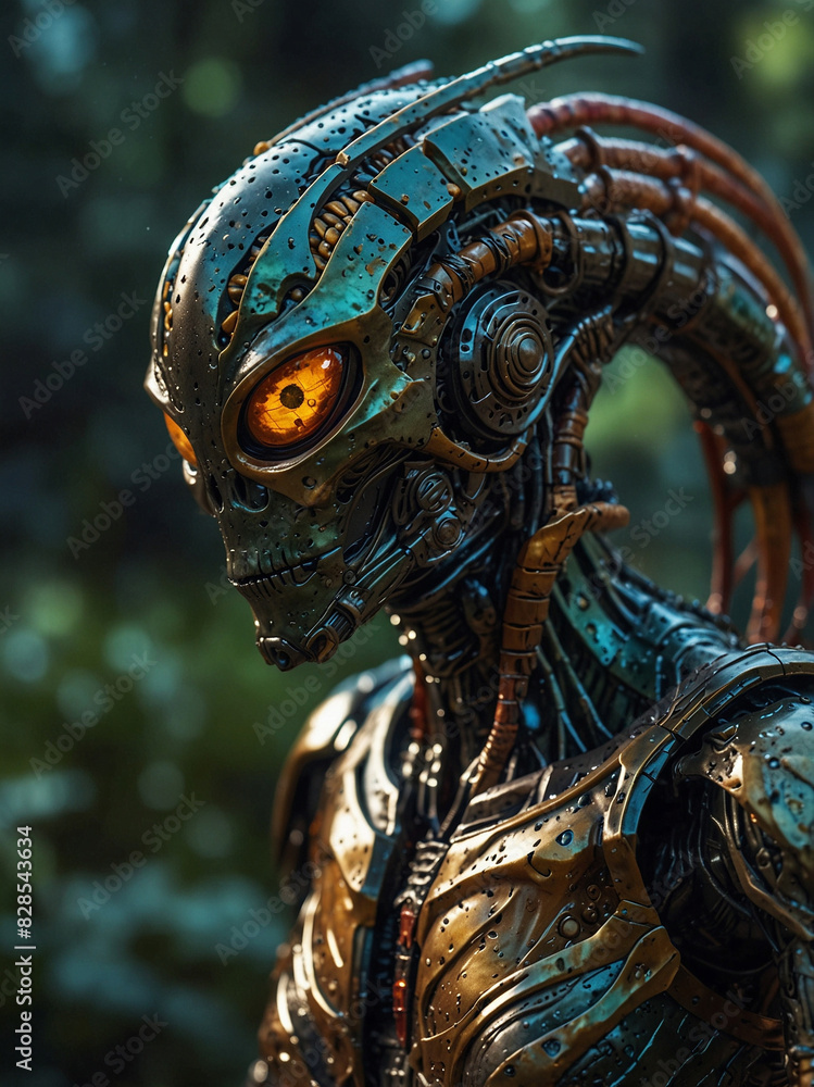 Obraz premium Futuristic Cyborg with Metallic Armor in a Natural Setting