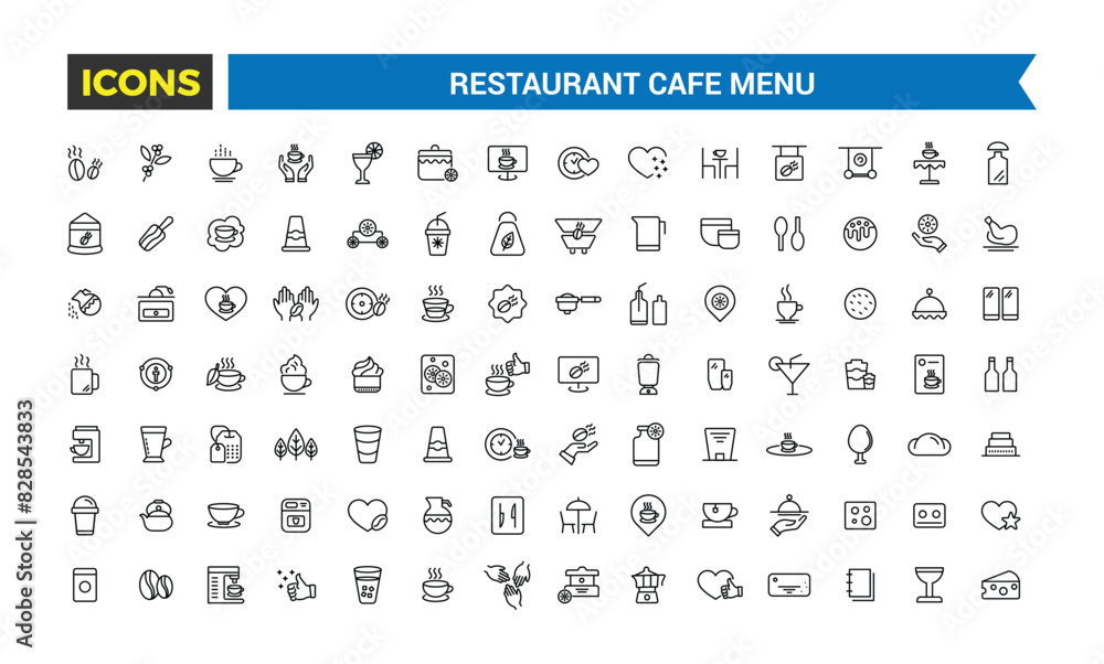 Restaurant cafe menu, food and drink icon set. Outline icons pack. Editable vector icon and illustration. Restaurant cafe menu, food and drink icon set. Outline icons pack. Editable vector icon and illustration.
