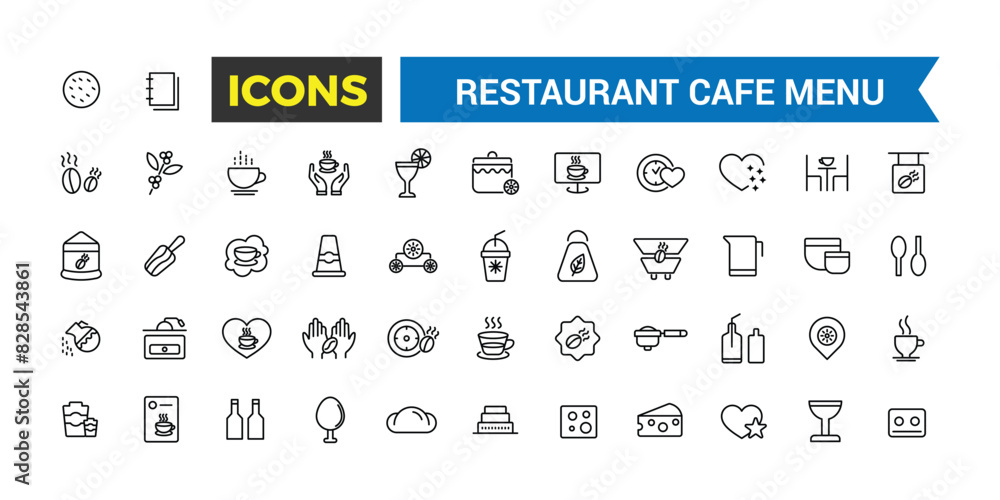 Restaurant cafe menu, food and drink icon set. Outline icons pack. Editable vector icon and illustration. Restaurant cafe menu, food and drink icon set. Outline icons pack. Editable vector icon and illustration.