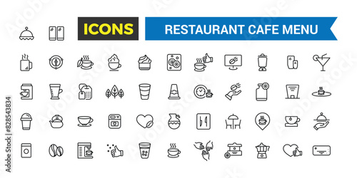 Restaurant cafe menu, food and drink icon set. Outline icons pack. Editable vector icon and illustration.