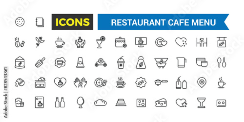Restaurant cafe menu, food and drink icon set. Outline icons pack. Editable vector icon and illustration.