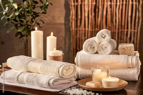 Serene Spa Setting With White Towels  Lit Candles  and Natural Accessories