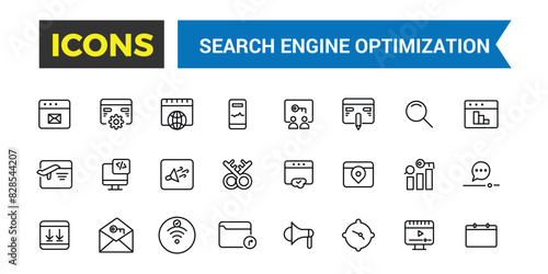 Search Engine Optimization Outline web icons set. Thin line web icon collection. Icon collection. Editable vector icon and illustration.