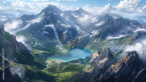 A breathtaking aerial view of a vast  untouched wilderness  with towering mountains  pristine glaciers  and crystal-clear lakes stretching out as far as the eye can see.