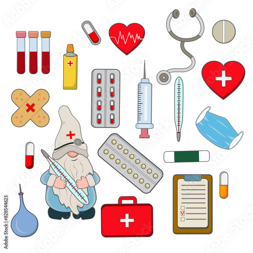 Medical vector clipart with gnome doctor and medical paraphernalia