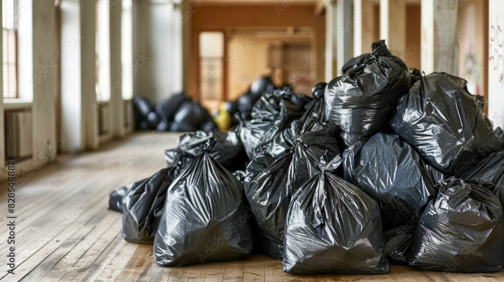 Piles of Black Garbage Bags in Abandoned Building. Generative ai Piles of Black Garbage Bags in Abandoned Building. Generative ai