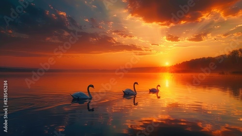 A breathtaking sunset over a serene lake, with a family of swans gliding gracefully across the still waters.