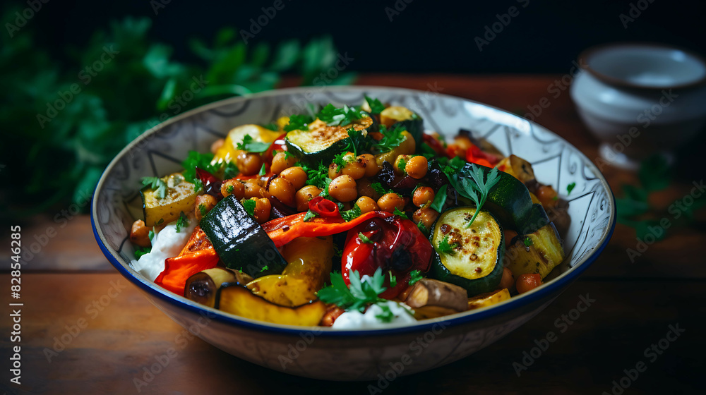 Sweet potato salad with avocados, tomatoes and spinach in a white bowl on a wooden table. AI Sweet potato salad with avocados, tomatoes and spinach in a white bowl on a wooden table. AI