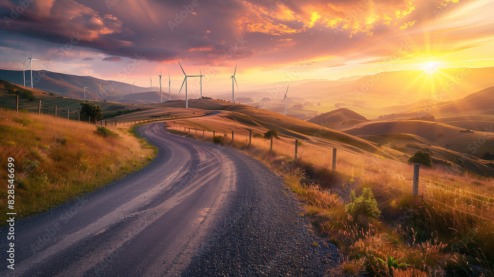 concept of clean, environmentally friendly energy. curved country road winding between hills in a sunset glow lined with windmills along the side of the road. Beautiful view of the Clean Energy Road concept of clean, environmentally friendly energy. curved country road winding between hills in a sunset glow lined with windmills along the side of the road. Beautiful view of the Clean Energy Road
