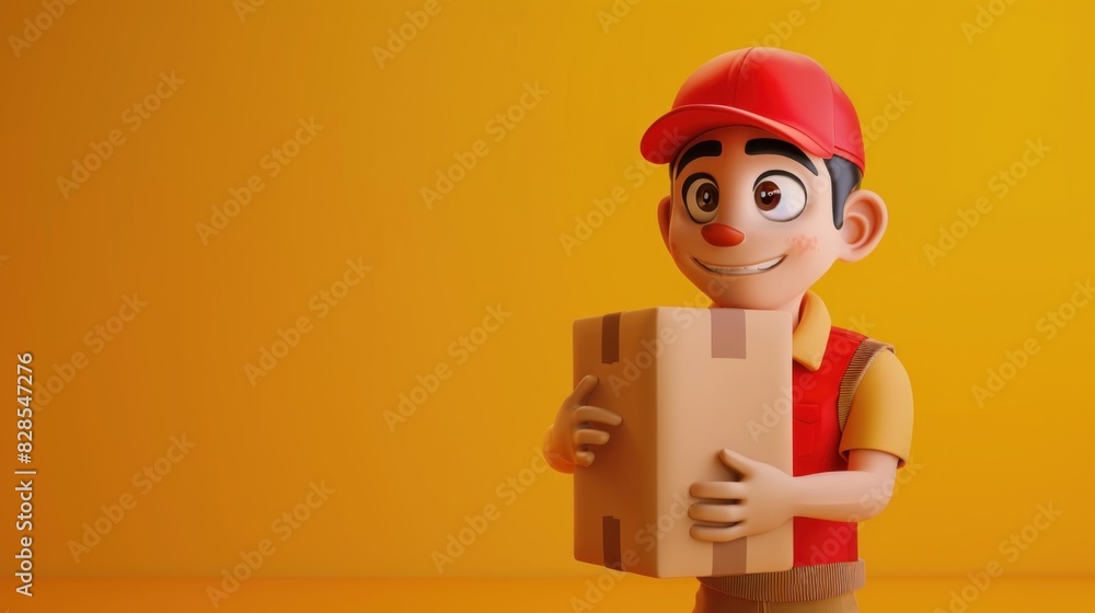 3d cartoon courier character in cap holding a cardboard box on isolated yellow background. 3d cartoon courier character in cap holding a cardboard box on isolated yellow background.