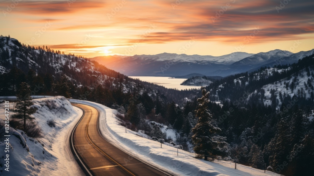 Winter Road Winding Through Snow-Covered Mountains At Sunrise. Generative AI