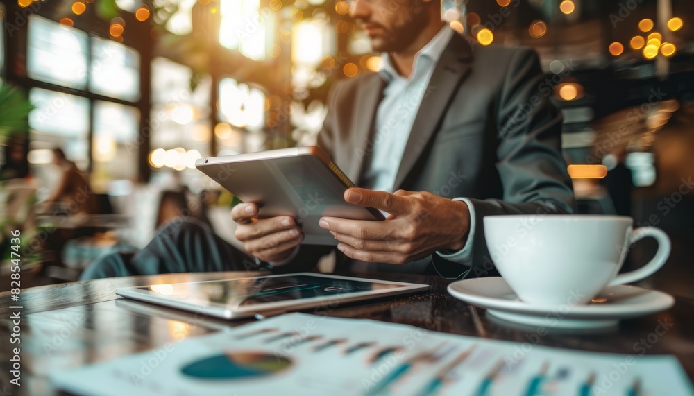 Business professional analyzing data charts on a tablet in a cozy cafe setting, blending modern work with casual environments Business professional analyzing data charts on a tablet in a cozy cafe setting, blending modern work with casual environments