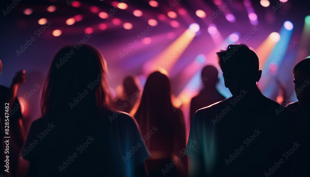 silhouette of young people partying in front of colorful spotlights
