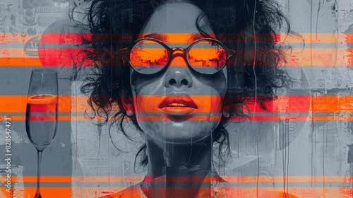Modern art featuring woman's face with sunglasses and bold grey and orange horizontal stripes, blending portrait and abstract elements.