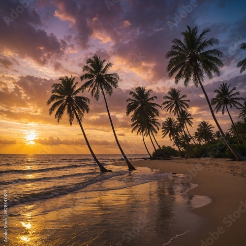 A breathtaking sunset over a serene beach  with golden rays reflecting off the calm ocean waters and palm trees silhouetted against the colorful sky.  