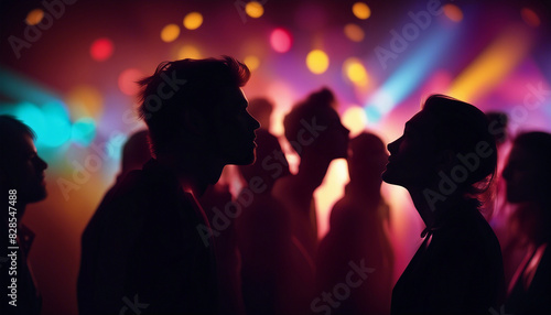 silhouette of young people partying in front of colorful spotlights
