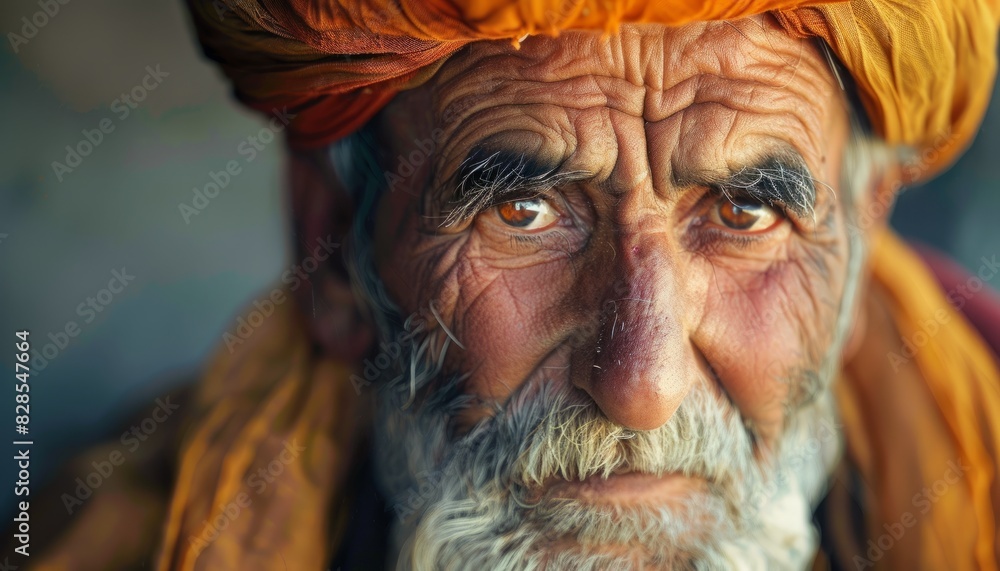 Elderly man with a turban sharing a gaze that tells a hundred stories, inviting empathy and curiosity, with banner space for text Elderly man with a turban sharing a gaze that tells a hundred stories, inviting empathy and curiosity, with banner space for text