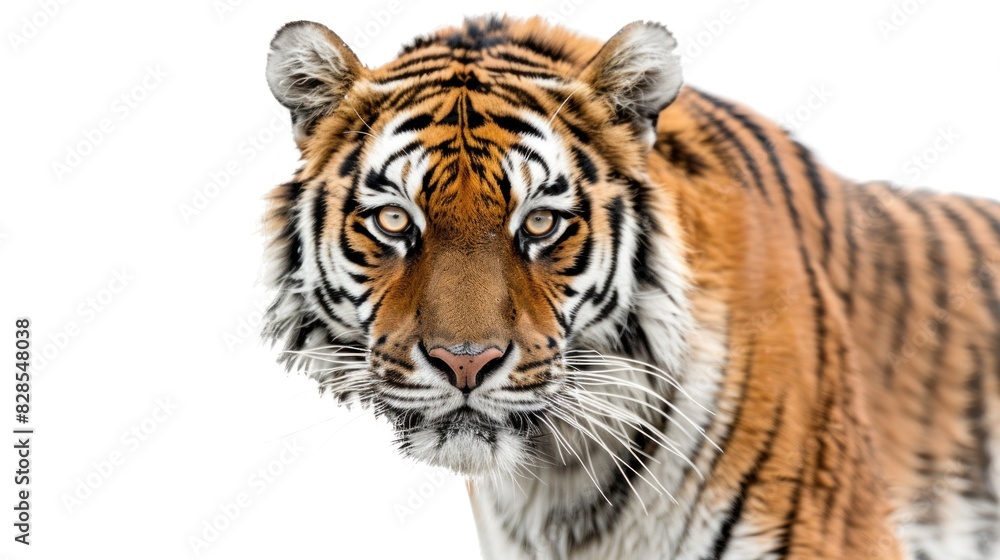 A tiger looking at the camera on isolated white background.
