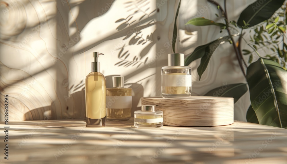 Natural skincare products displayed elegantly on a wooden surface, emphasizing organic and eco-friendly beauty choices Natural skincare products displayed elegantly on a wooden surface, emphasizing organic and eco-friendly beauty choices