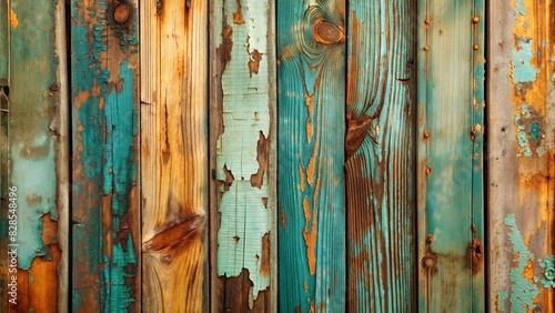 Weathered wood texture, distressed planks, rustic teal and copper colors, cracked paint, peeling layers, abstract patterns, aged texture, grunge background © Bounpaseuth