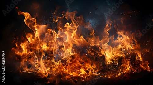 Intense heat and burning flames in close-up fire isolated on black background - fiery digital illustration