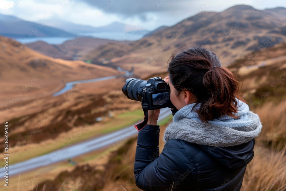 Professional female photographer. Outdoors scene. Taking photographs Professional female photographer. Outdoors scene. Taking photographs
