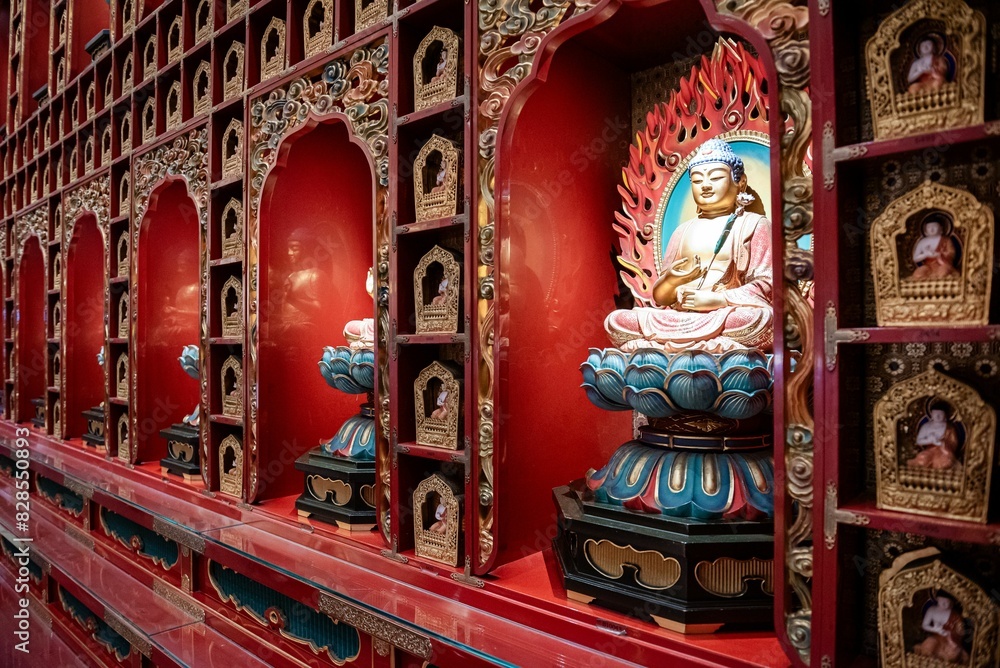 Fototapeta premium the wall is painted red with buddha statues in it's niches