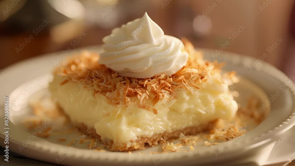 A deconstructed coconut cream pie featuring a crispy toasted coconut crust layers of creamy coconut custard and a generous dollop of whipped cream on top. A deconstructed coconut cream pie featuring a crispy toasted coconut crust layers of creamy coconut custard and a generous dollop of whipped cream on top.