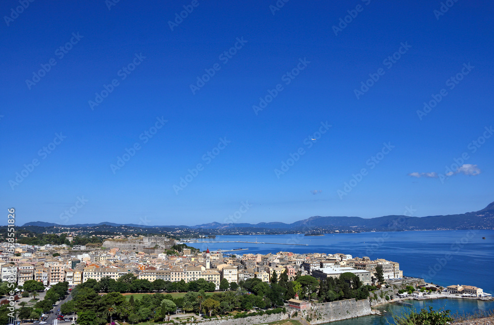Panoramic view on classical Greek houses buildings Corfu island capital Kerkyra Panoramic view on classical Greek houses buildings Corfu island capital Kerkyra