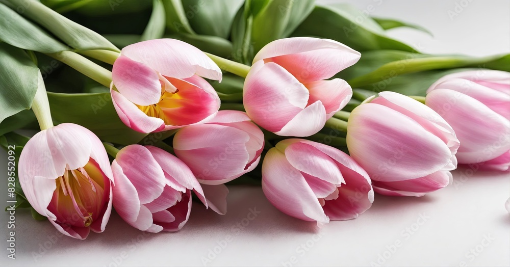 Pink tulips lying on a white wooden surface. Concept: spring, beauty, elegance. For floral shops, greeting cards, celebration campaigns, Mother's Day, weddings, Easter, and floral holidays.
Pink tulips lying on a white wooden surface. Concept: spring, beauty, elegance. For floral shops, greeting cards, celebration campaigns, Mother's Day, weddings, Easter, and floral holidays.
