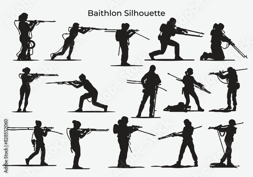 Biathlon silhouette collection, biathletes silhouette , shooting man , shooting woman vector illustration isolate background 