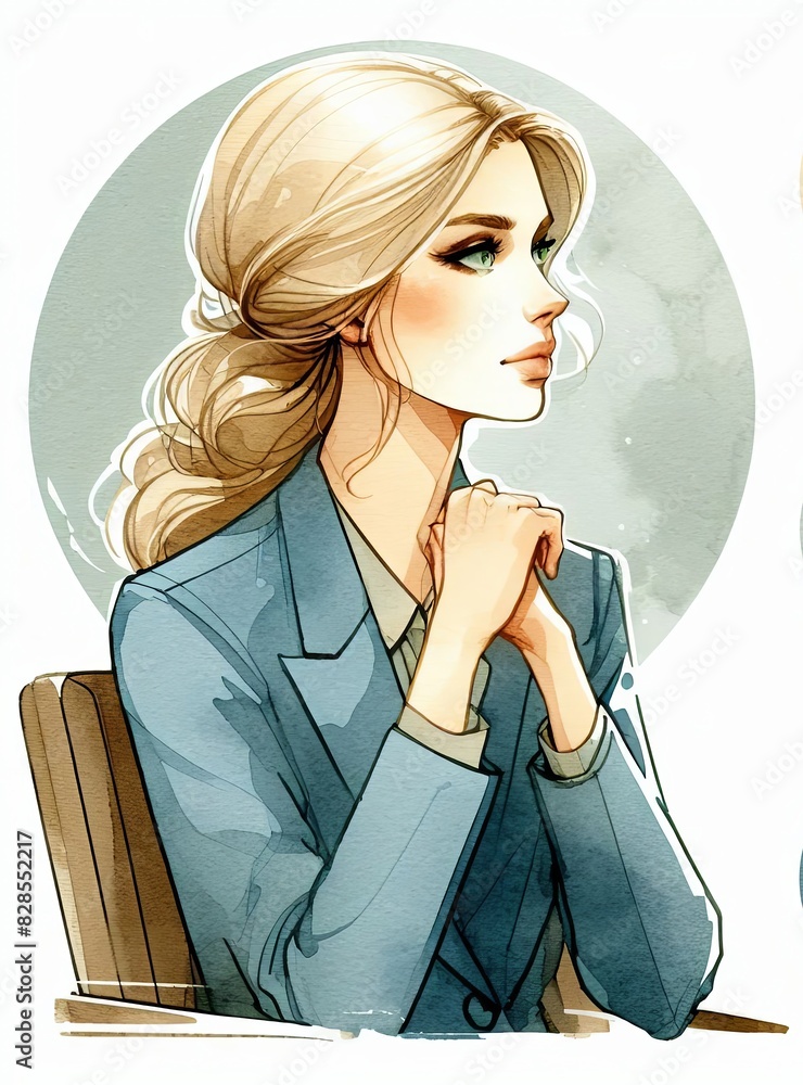 This illustration shows a blonde girl with blue eyes and wearing a blue blazer.