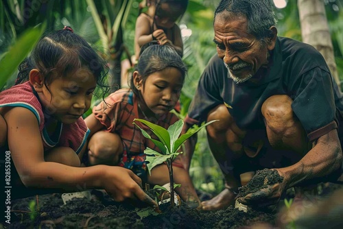 Elderly man and children planting a young tree in a lush garden, teaching gardening skills