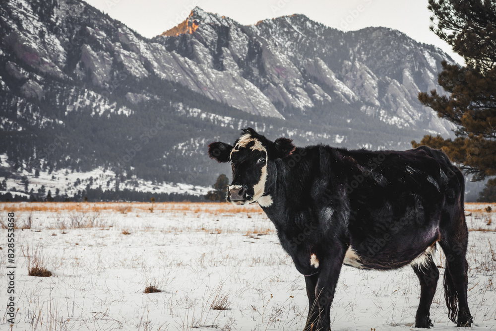 Black cow stands in a field against mountains Black cow stands in a field against mountains