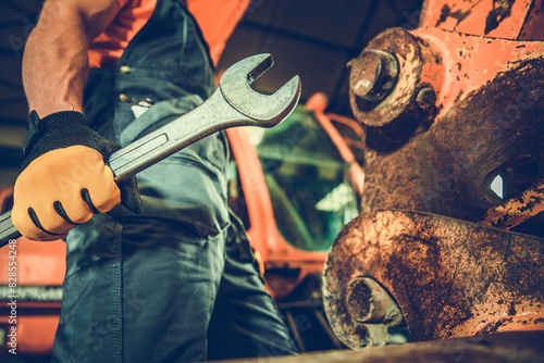 Φωτογραφία Muscular Caucasian mechanic holding a large iron wrench in his hand